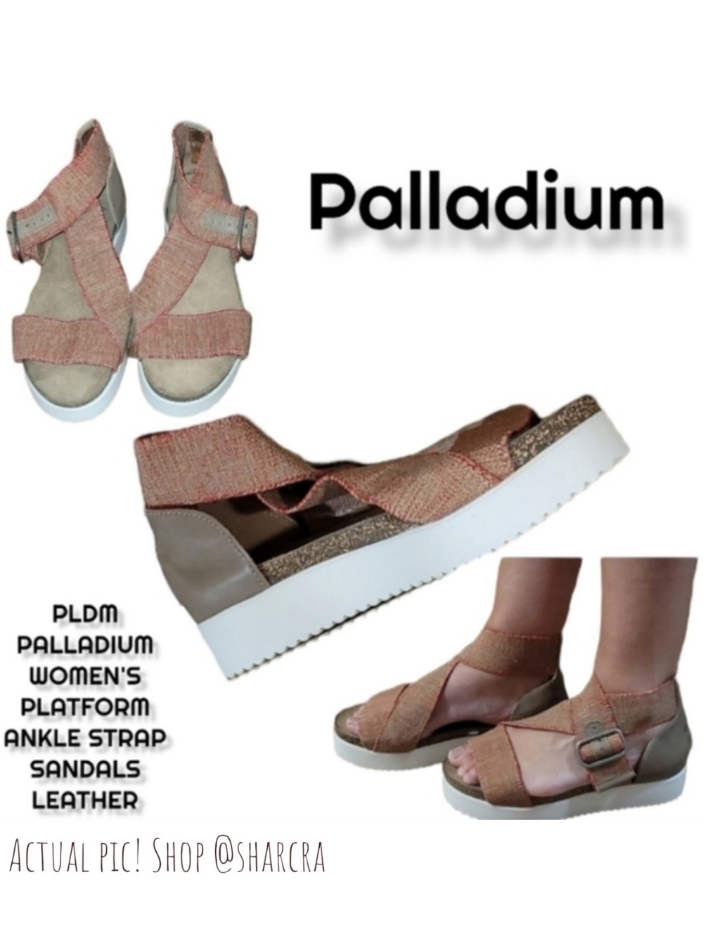 PLDM by Palladium Women leather elastic canvas cork platform Sandal red tan 7.5